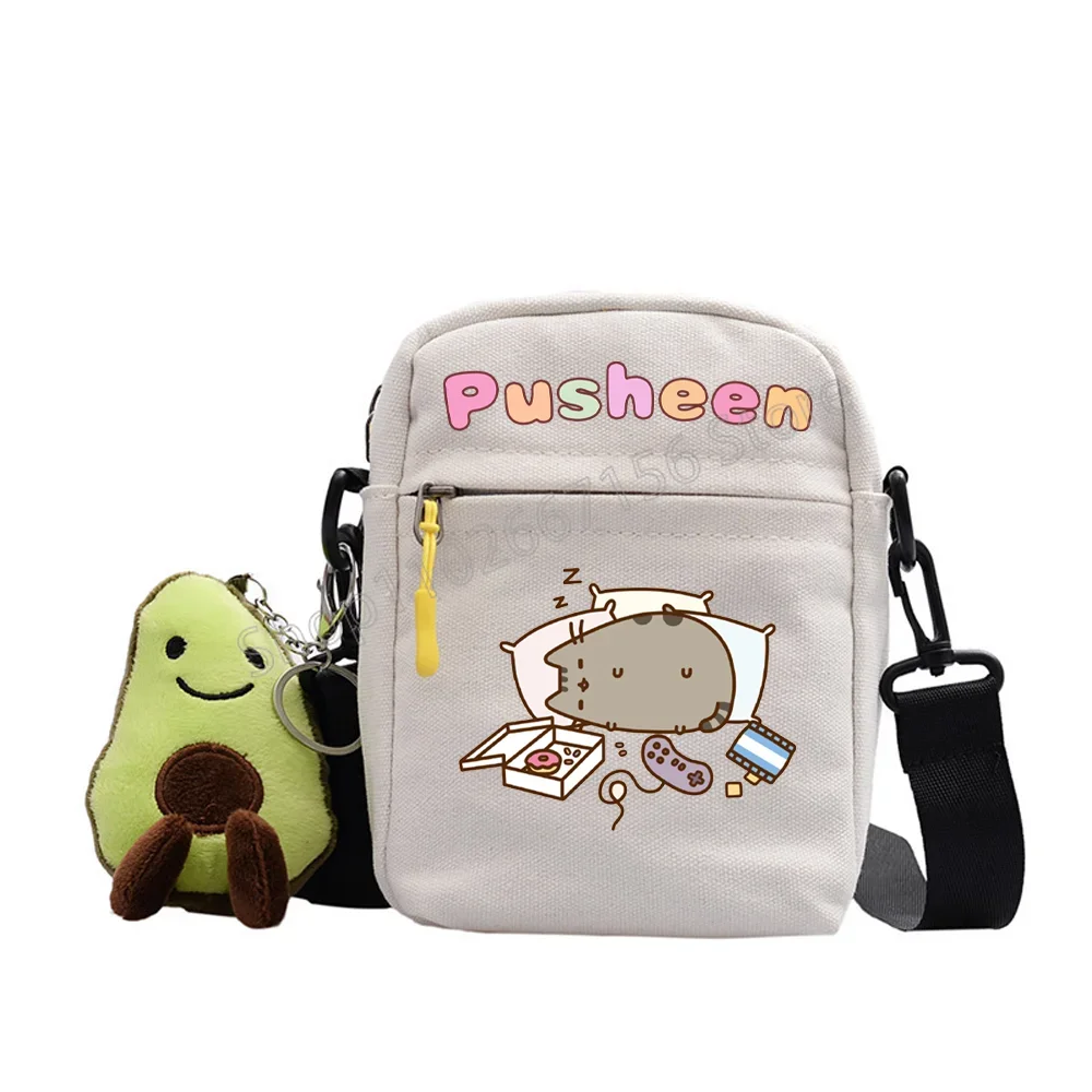 Pusheen Girls Square Packs Diagonal Cross Bags Cartoon Anime Figures Fat Cats White Shoulder Cross-body Casual Canvas Handbags