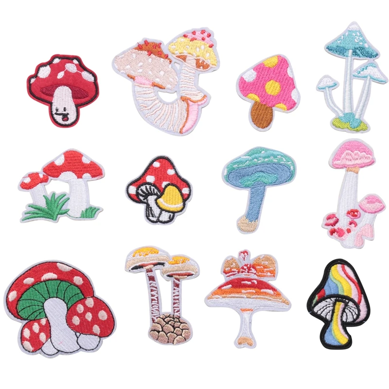 12Pcs Mushroom Patches Iron On For Clothing Pants Shoes Curtain, DIY Mushroom Embroidery Patch Sewing Craft Decoration