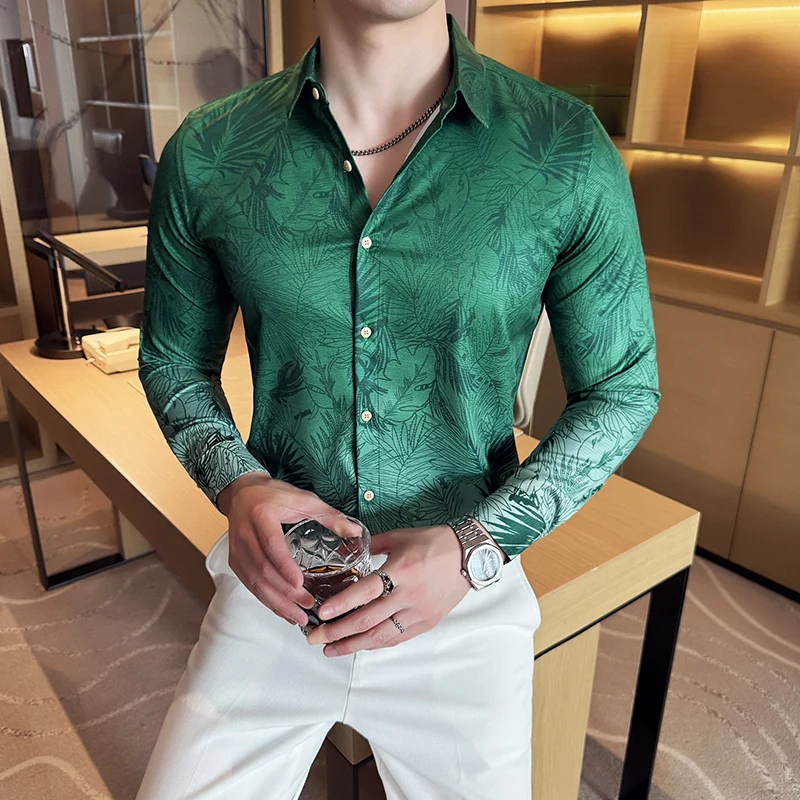

Men's Shirts Korean Luxury Print Long Sleeve Mens Dress Shirt Fashion Gradient Color Slim Fit Casual Blouse Homme Plus Size 4XL