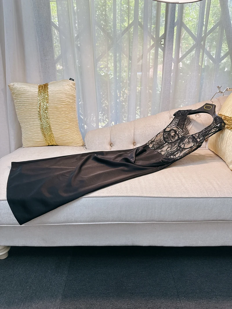  Satin V-ne Strap Dr Sexy Lace Mosaic Allure Sophistiion High-quali Ele Faionable Fem's Dr Skirt