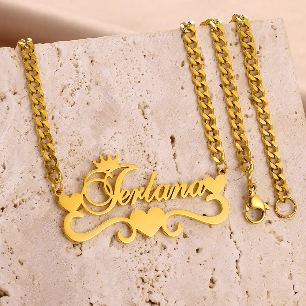 Custom Gold Color Crown Name Necklace Women Girl Jewelry Stainless Steel Cuban Chain Heart Ribbon Nameplate Pendant Necklace