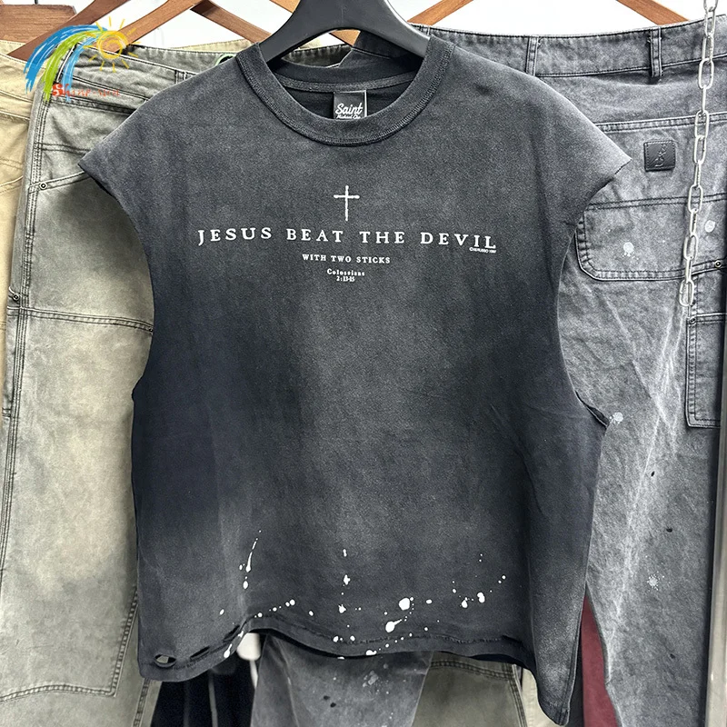 

Иисус Бит The Devil Cross Print Tank Top Мужчины Женщины Splashed Ink Saint Vest Винтажная потертая черная футболка без рукавов с поврежденными отверстиями