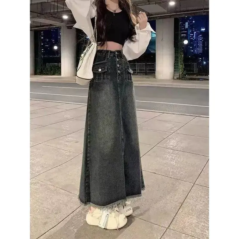 Falda vaquera midi de cintura alta con corte en A para mujer, diseño americano vintage, adelgazante, talla grande, mezcla de algodón, informal de negocios, para verano