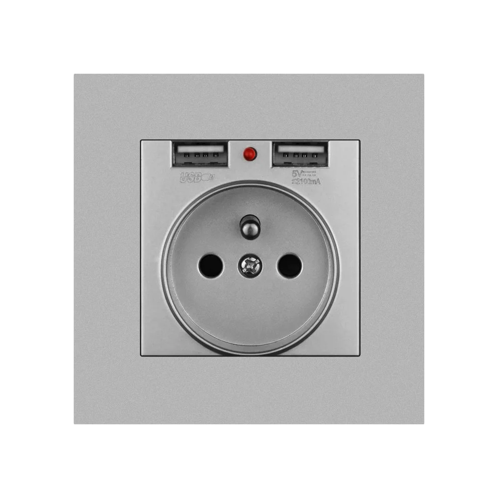 Toma de corriente eléctrica de pared, enchufe estándar francés FR con doble Usb 2A, Blanco, Negro, dorado, gris, Panel de plástico, tomas eléctricas