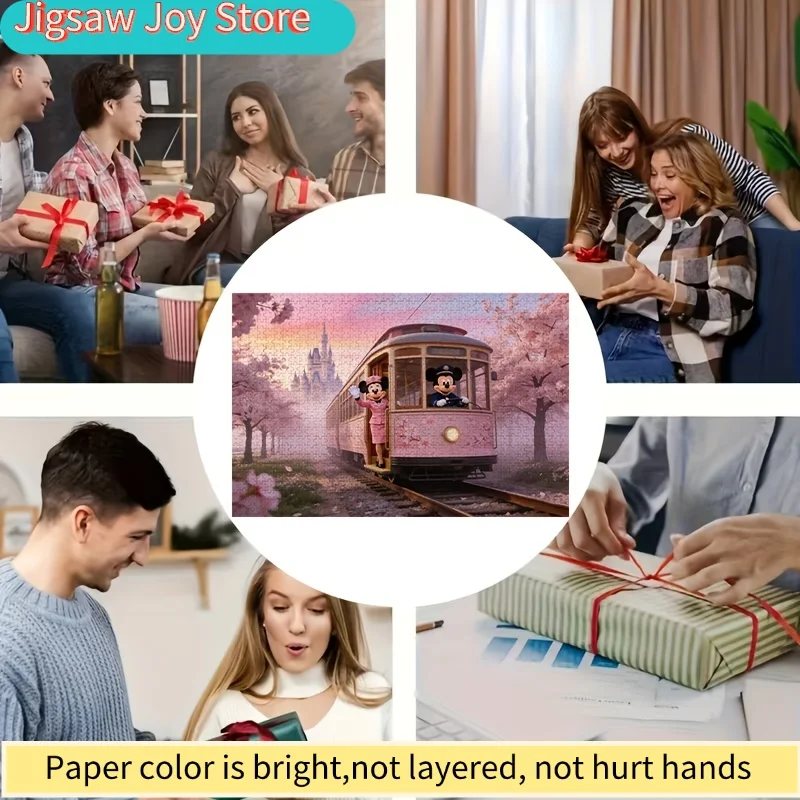 Rompecabezas 2D Plano de 1000 Piezas de Disney Mickey y el Tranvía de Flores de Cerezo - Construcción de Trenes del Castillo, Rompecabezas Temático Rosa para, Regalo de San Valentín