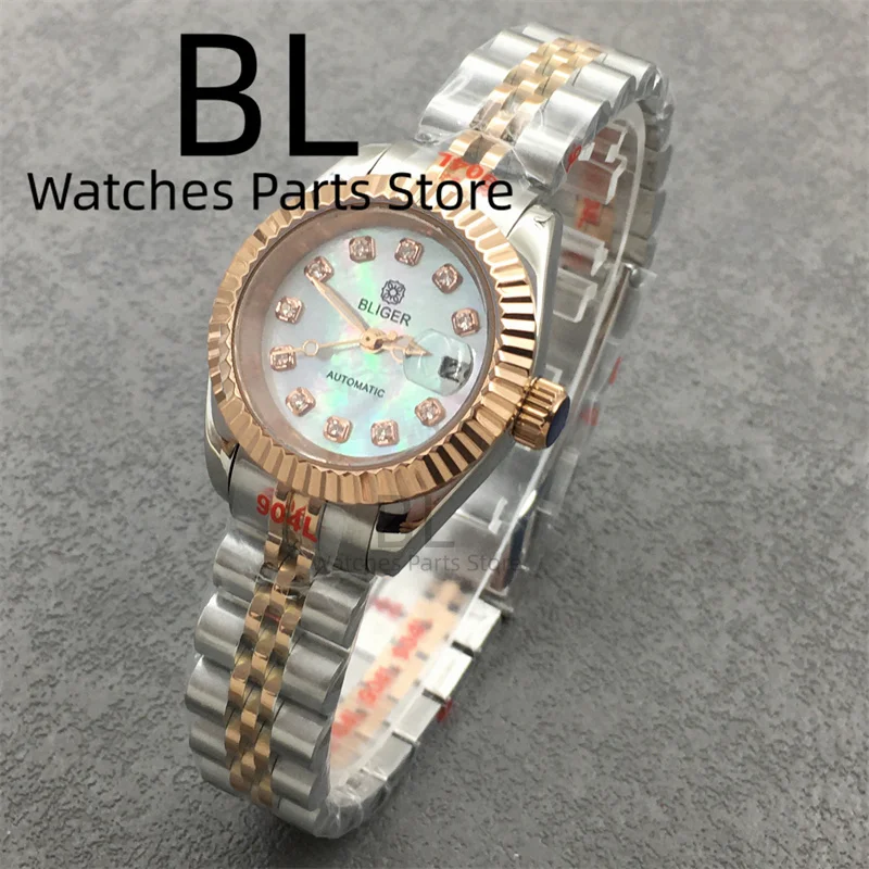BLIGER 28mm Luxury Two Tone Rose Fashion Women's Watch NH05 Automatic Watch for Ladies Waterproof Sapphire Glass Diamond Dial