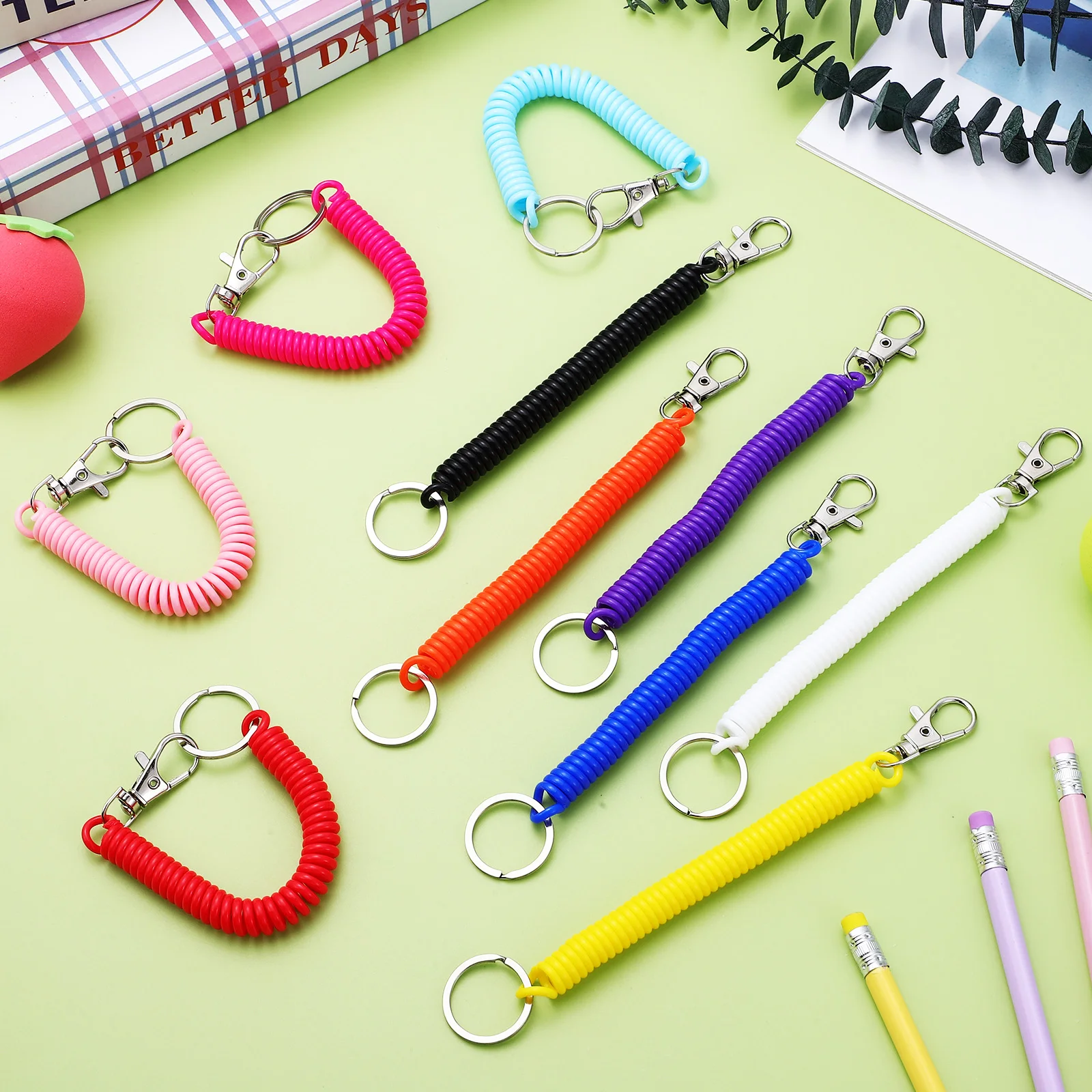 

10 pcs Spring Coil Keychain High Elasticity Stretchy Key Ring With Lobster Clasp For Keys Badges Phones Bags Outdoor Wrist