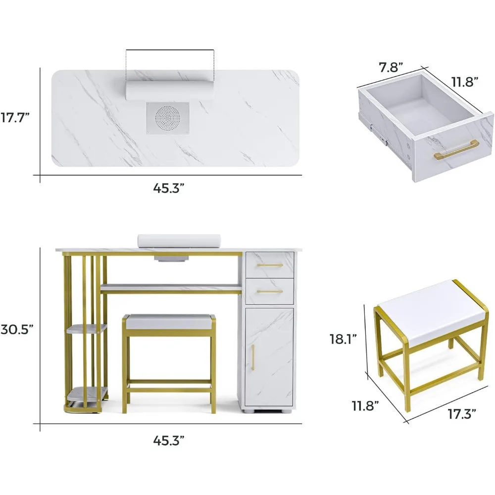 Professional Nail Table with Stool, Dust Collector, Dust Bag & Wrist Cushion, Multipurpose Table with Storage Cabinet & Drawers