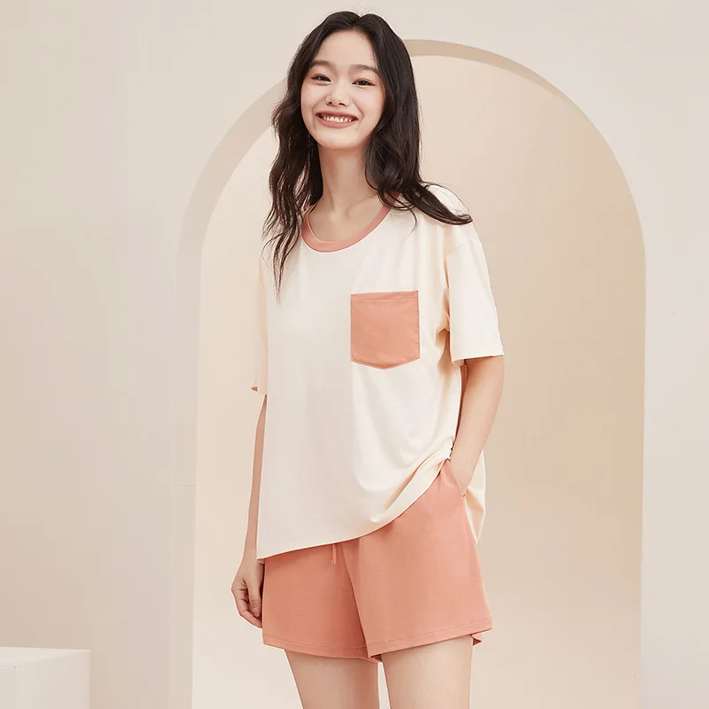 Round Neck Short Sleeved  Home Clothes Summer Cool Feeling Sleepwear Solid Color Women's Loungewear Thin Model With Chest Pad