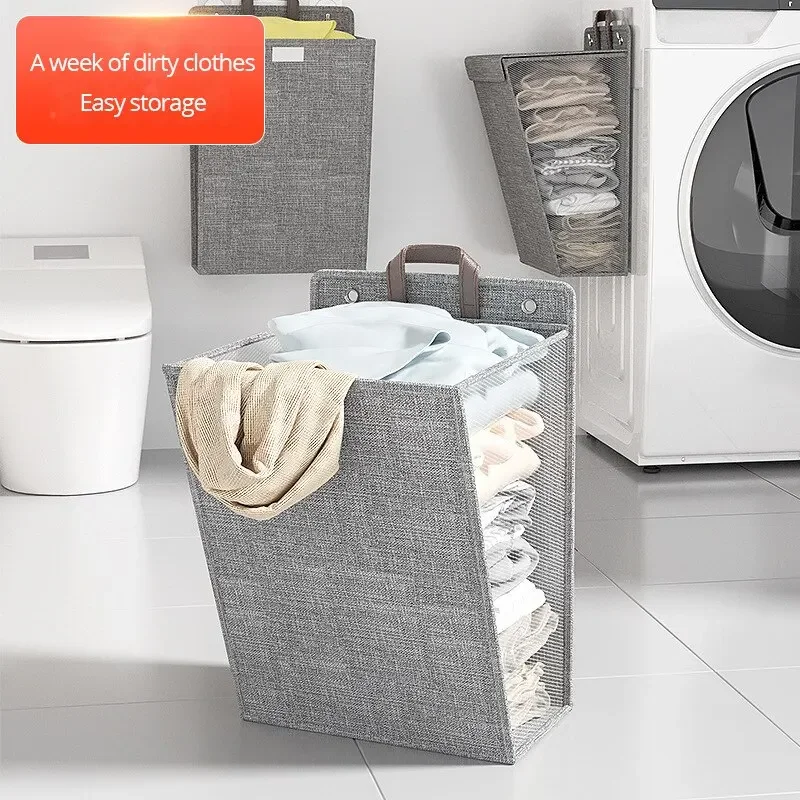 Foldable Laundry Hamper Adhesive Wall Mount Clothes Basket No Drill Hanging Mesh Organizer Punch Free Storage Bag Bathroom