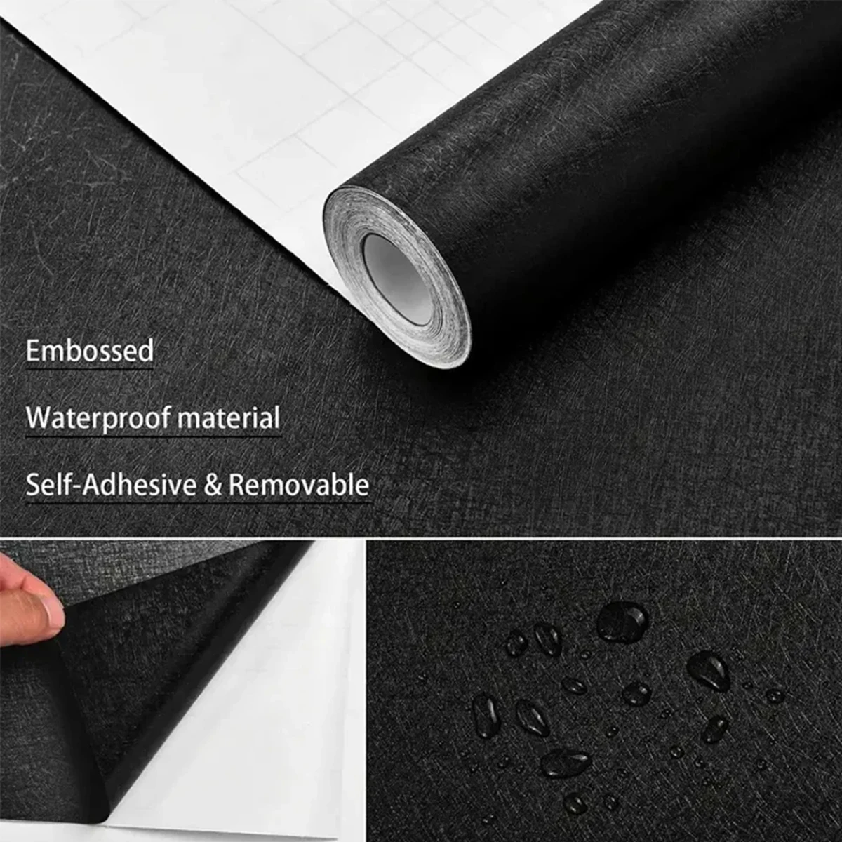 55/40 cm breite wasserdichte Tapete, schwarzes Seiden-Vinyl, selbstklebende Aufkleber für Wandmöbel, Wohnzimmer, Kontaktpapier, Heimdekoration
