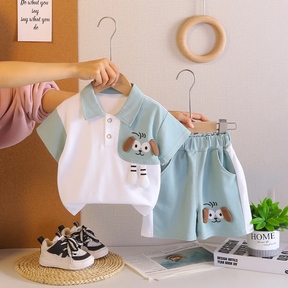 Summer Toddler Boy Clothes 2026 New Cute Cartoon Dog Turn-down Collar Short Sleeve T-shirts and Shorts 2 Piece Boys Outfit Set