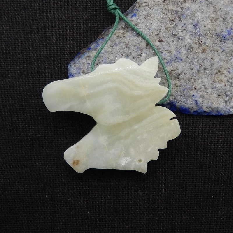 Natural Amazonite Carved Horse Head Pendant Bead,Semiprecious Fashion Jewelry, Necklace Accessories, 42x40x8mm, 23g