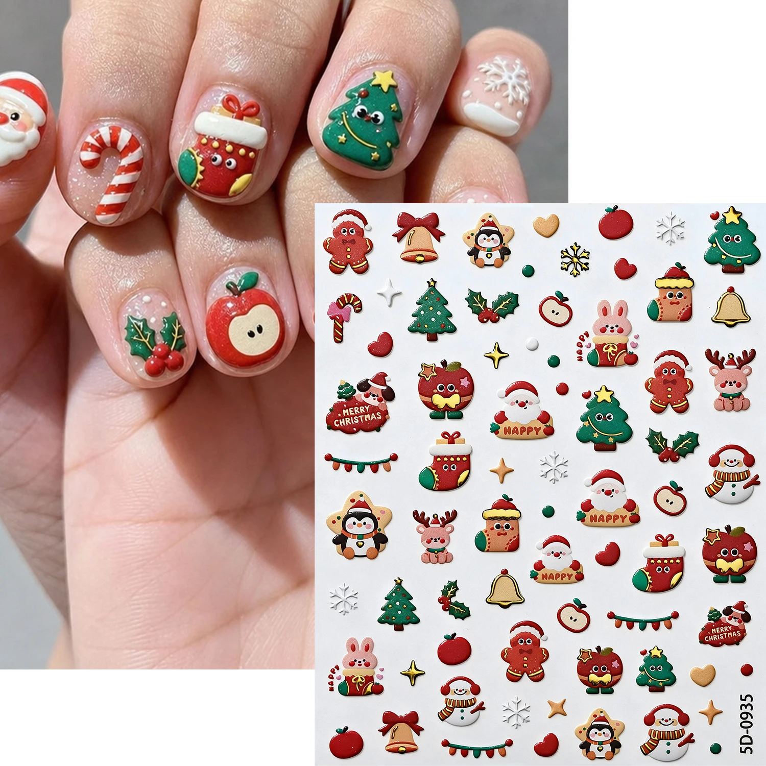 1Pcs 5D CuteChristmas Nail Stickers Santa Snowman Gingerbread  Penguin Xmas Tree Bell Nails Decals Winter Holiday Manicure Decor