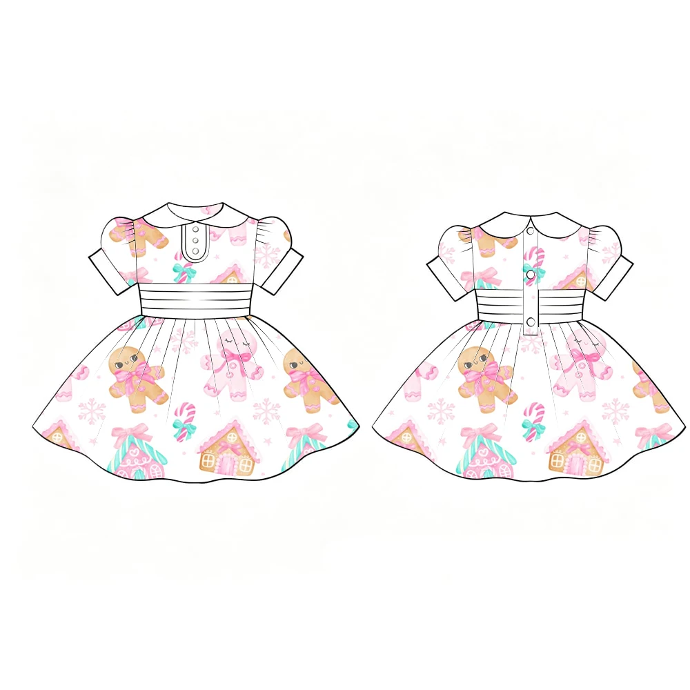 Christmas Series Toddler Girls Snowman Print Dress Peter Pan Collar Short Sleeve A Line Dress Custom