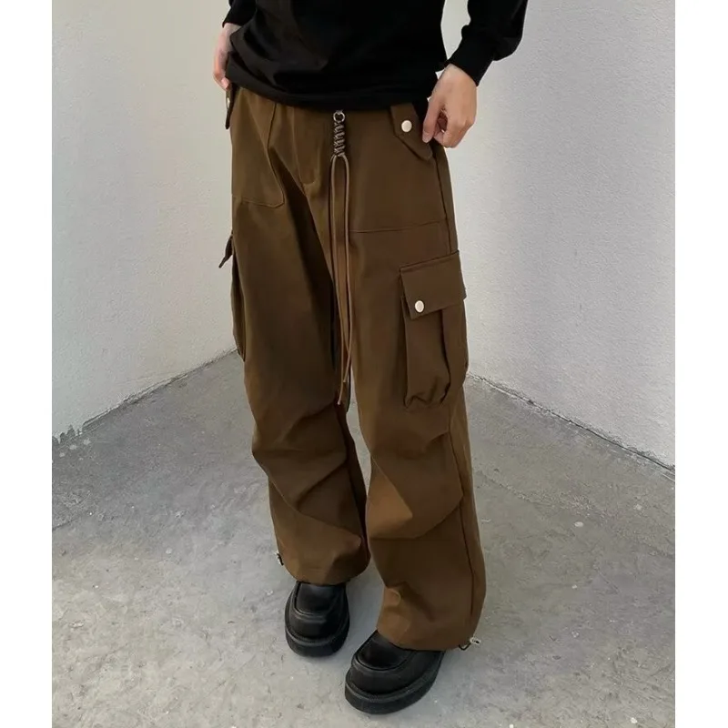 

Осенние новые модные мужские однотонные повседневные модные свободные простые базовые брюки-карго с несколькими карманами и широкими штанинами, мужская нижняя одежда