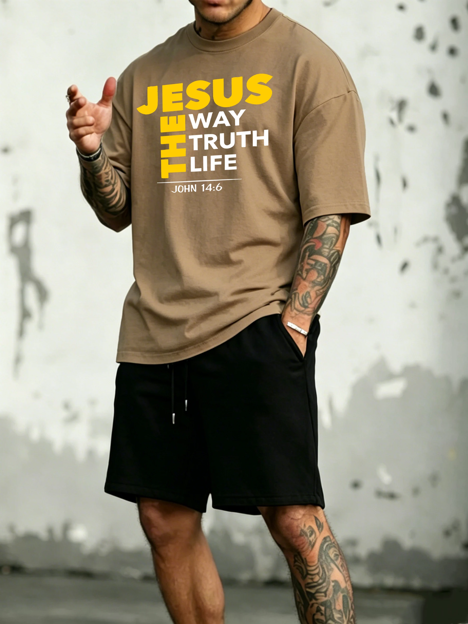 

Jesus The Way Truth Life Pattern Cotton Summer Daily Man'S Tees Set Casual Oversized Pocket Shorts Street Fashion Loose T-Shirt
