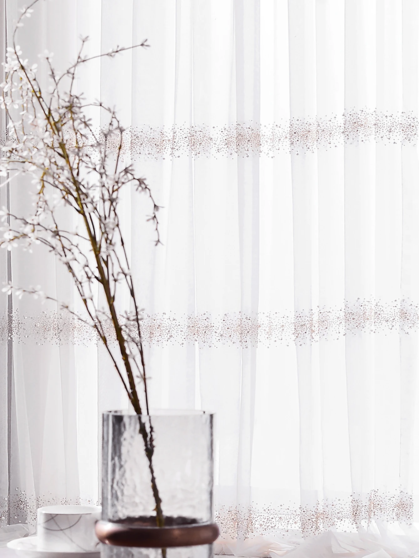 White Sheer Panel Curtain, Modern Polyester Faux Pearl Decor Light Filtering Privacy Sheer Curtain For Home