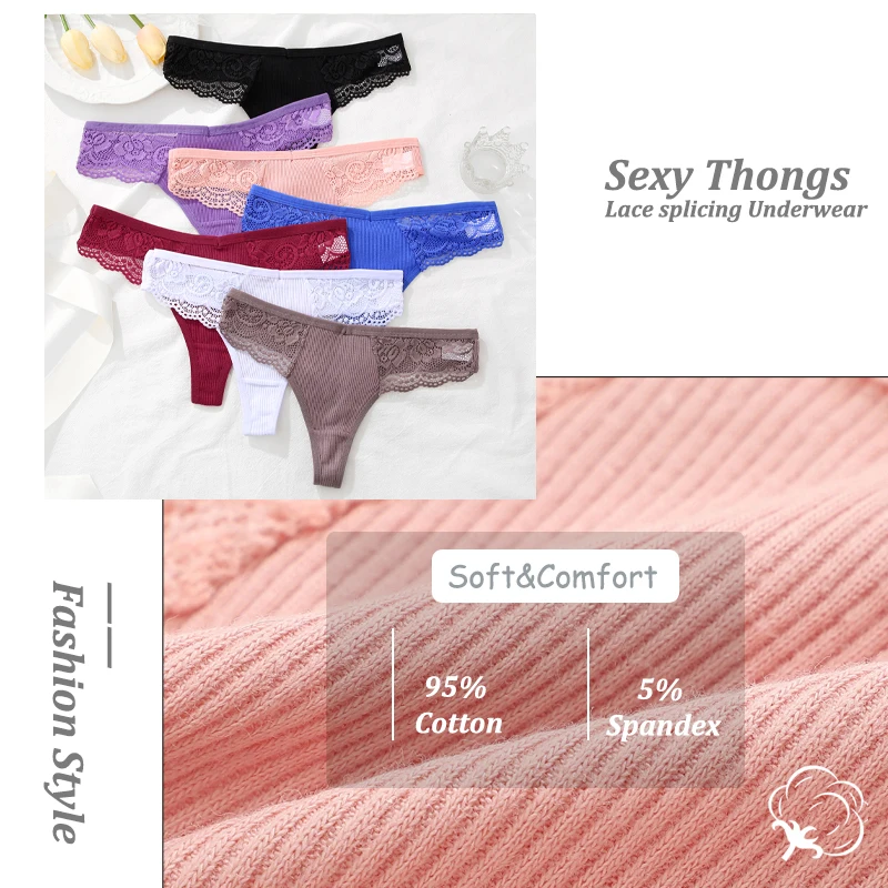 7PCS/Set Women Sexy Cotton Panties Hollow Out Floral Lace Thongs G-String T-Back Underwear Female Breathable Intimates Lingerie