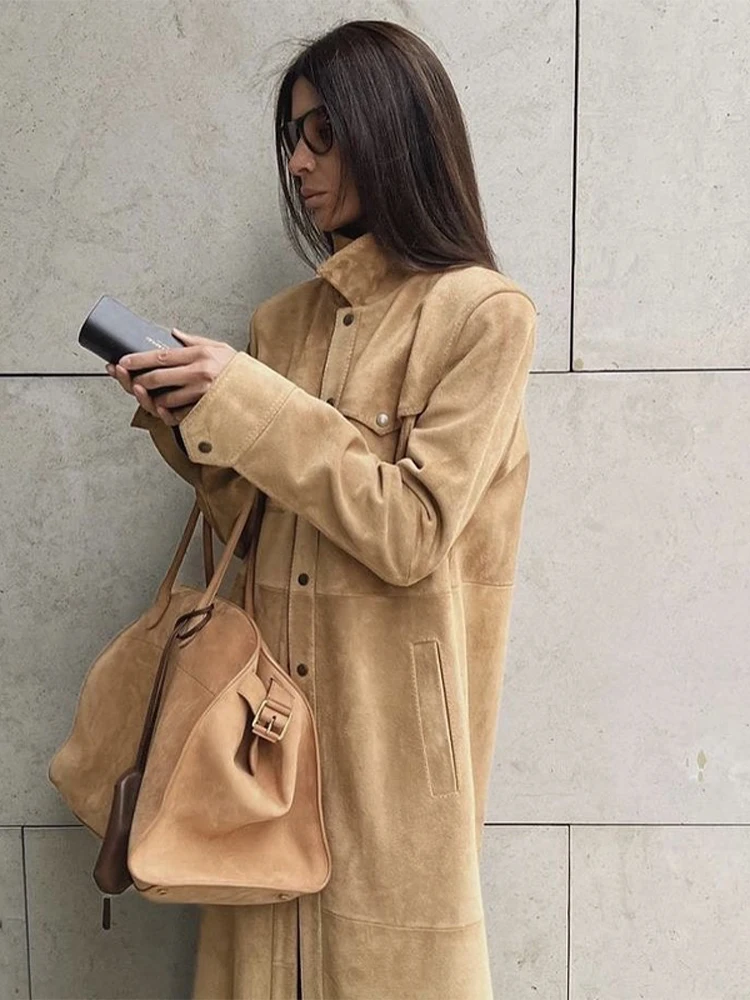 Fashion Solid Wildleder Mantel Frauen Elegante Revers Langen Ärmeln Taschen Lose einreiher Mantel Herbst Dame Pendeln Outwear