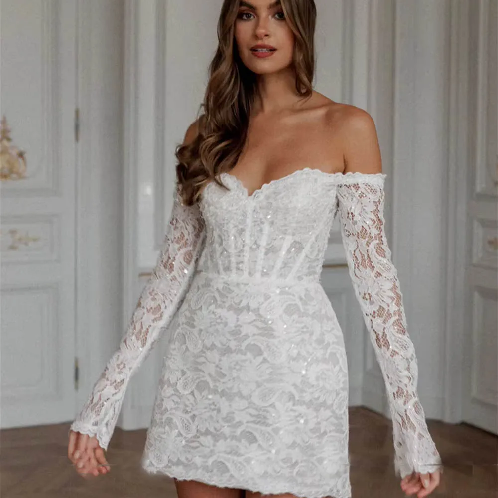 تخصيص قبالة الكتف فستان الزفاف القصير بريق الدانتيل طويلة الأكمام فستان الزفاف البسيطة رائع استقبال ارتداء ثوب الزفاف