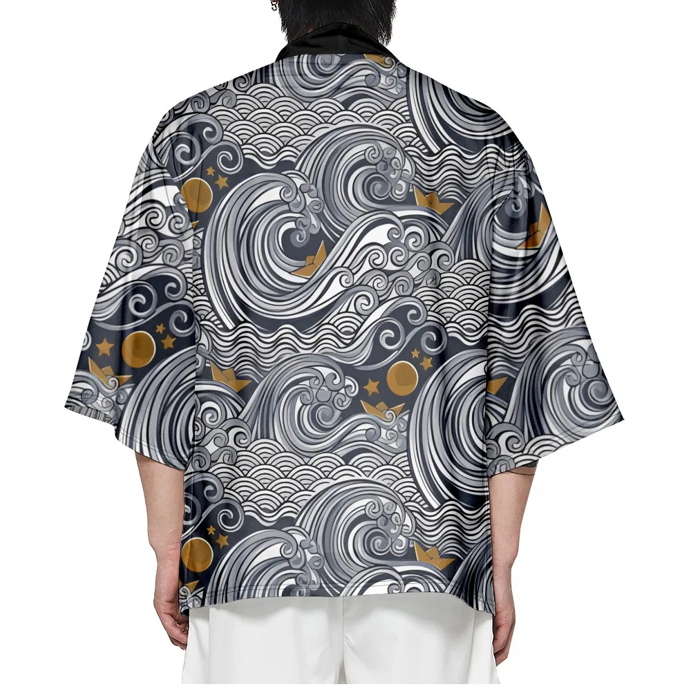 Fashion Wave Print Loose Japanese Cardigan Men Beach Kimono Cosplay Tops Women Yukata Clothing Plus Size 6XL 5XL 4XL