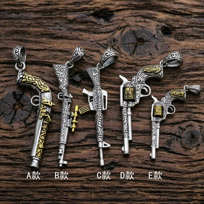 S925 Sterling Silver 98K Rifle Western Pistol Creative Fashion Pendant Necklace Men's and Women's Dotted Gold Revolver Pendant
