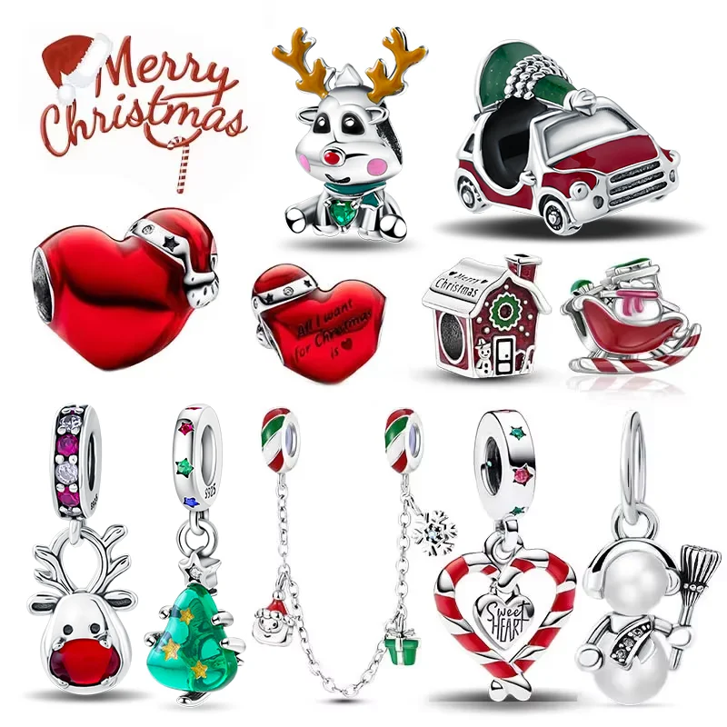 S925 Sterling Silver Merry Christmas Tree Heart Charm Beads Fit Original Bracelet Pendant for Women DIY Jewelry Christmas Gifts