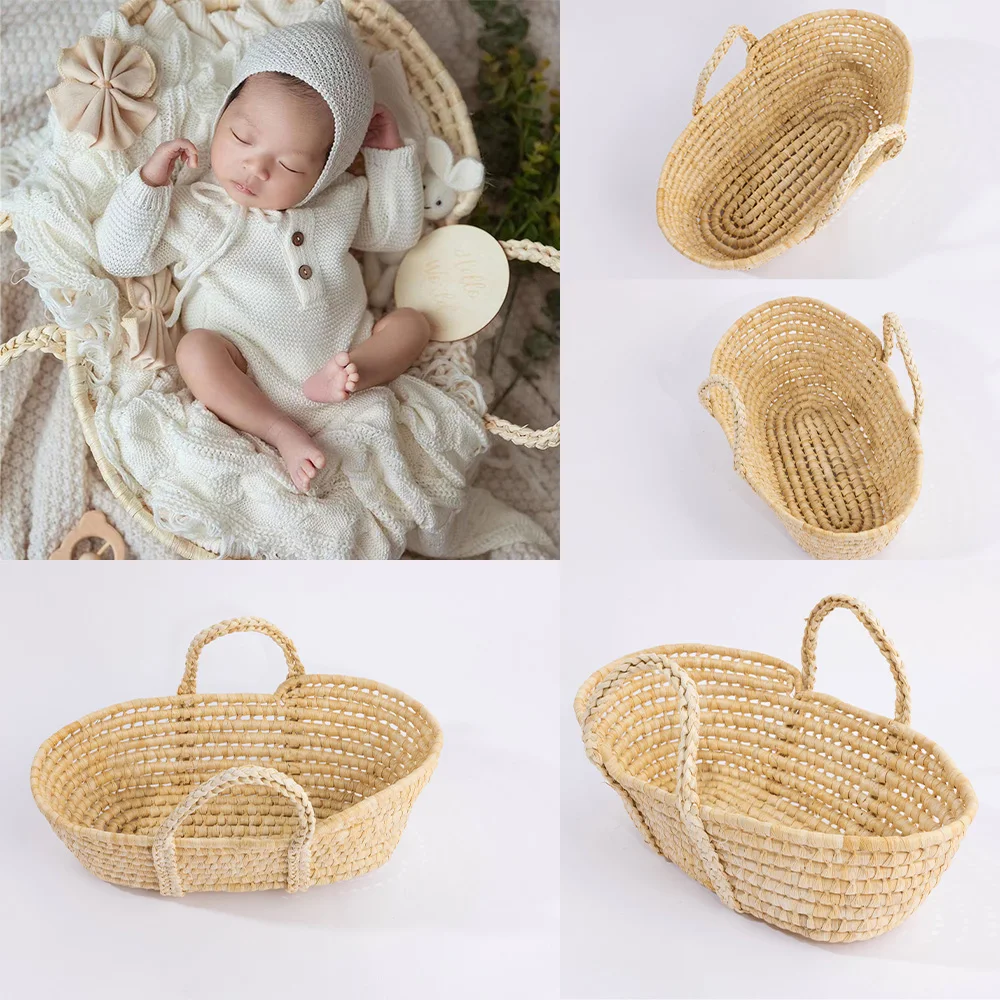 Straw Basket for Baby Photoshoot Newborn Baby Photography Props Woven Basket Studios Infant Photoshoot Posing Props With Handles