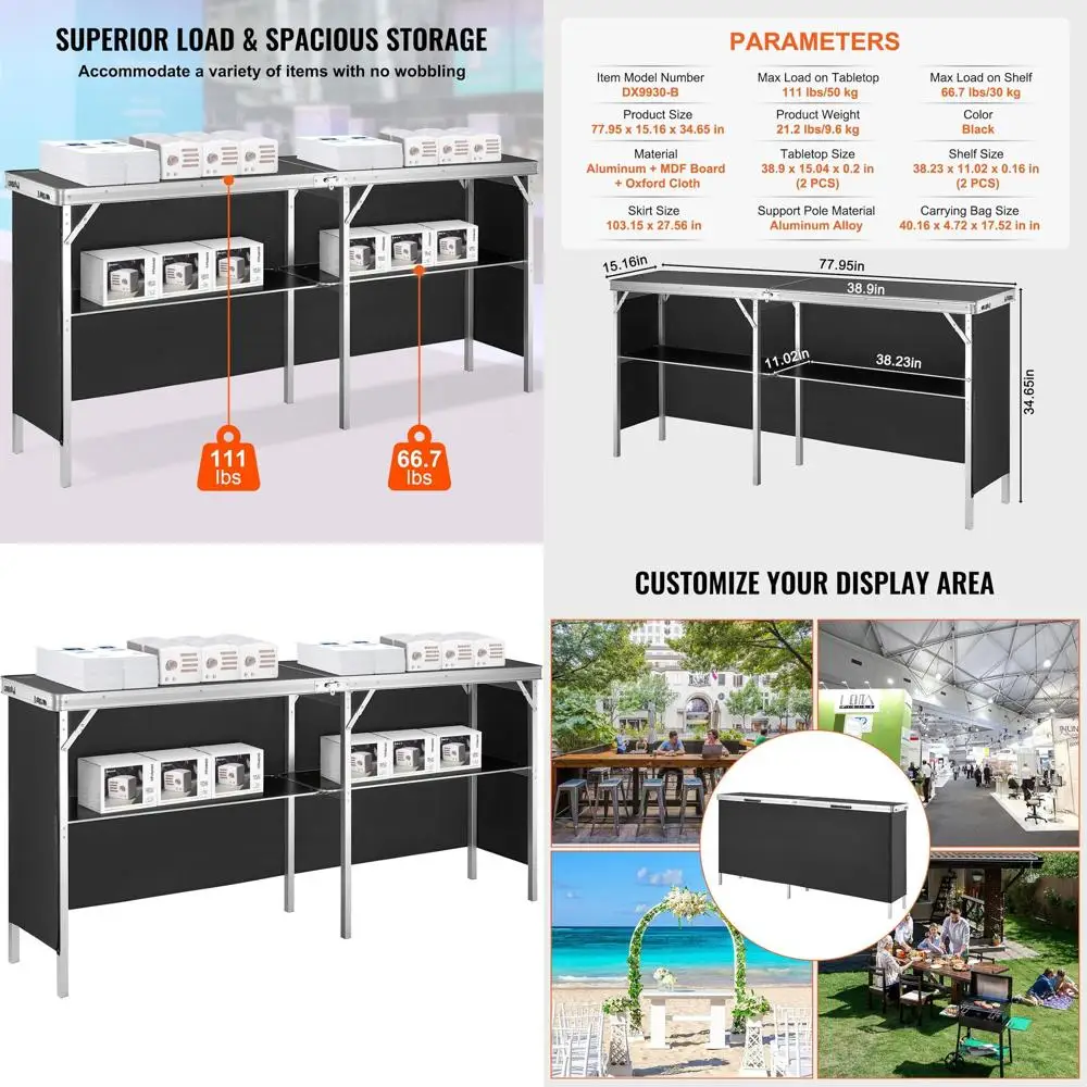 

Портативный складной барный стол для тележек, уличных и вечеринок с футляром для переноски и полкой для хранения, 77,95 x 15,16 x 34,65