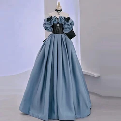 Evening Dress Boat Neck Short Sleeves Pleat A-Line Floor-Length Lace Up Blue Elegant Satin New Party Formal Dresses Woman B2763