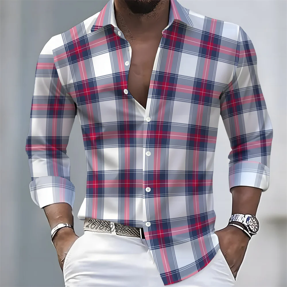 2026 Summer New Men's Color Block Plaid Long-Sleeve Shirt, Wrinkle-Resistant, Business Casual, Versatile, Slim Fit, Lapel Top
