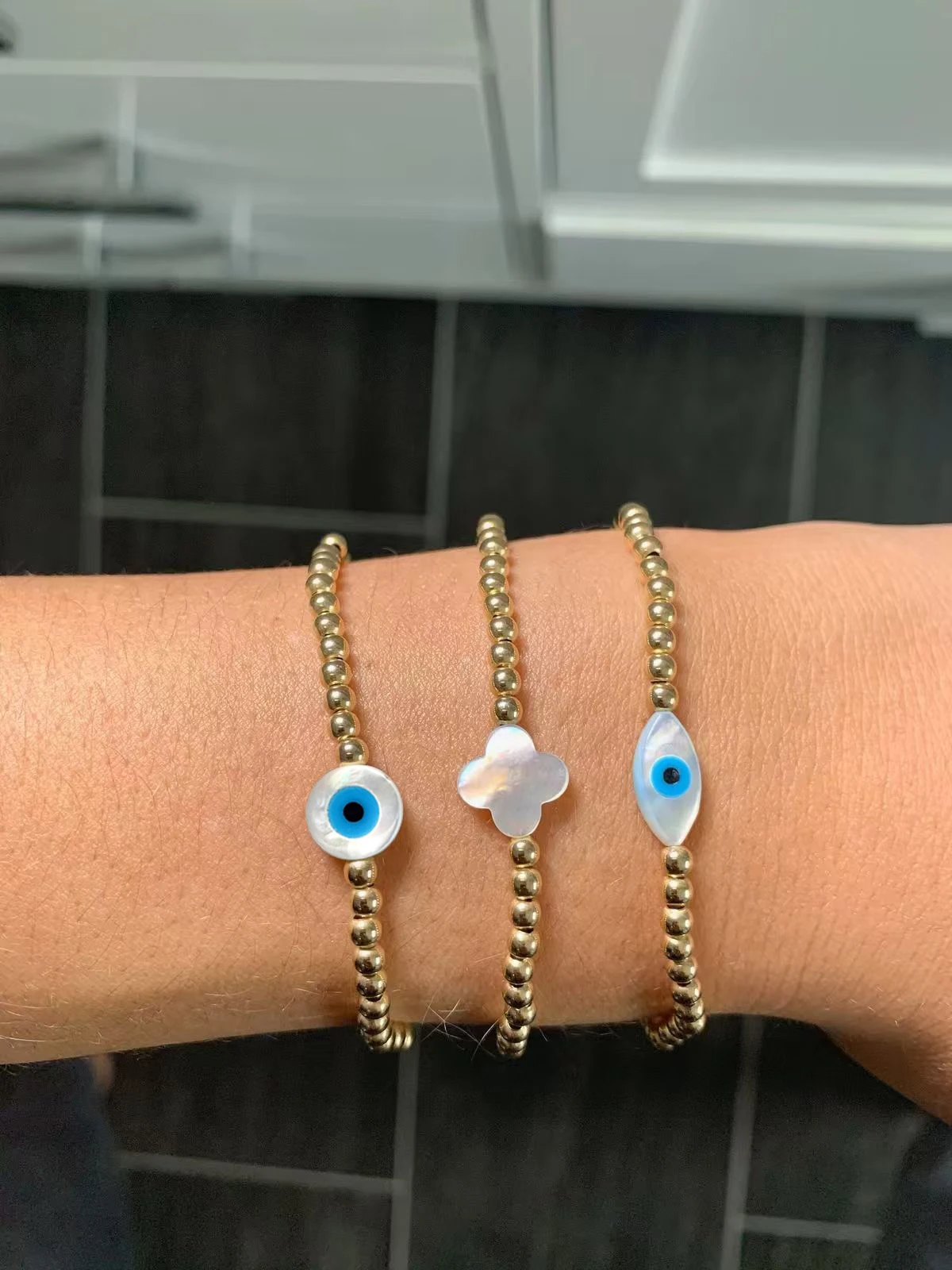

CCGOOD Lucky Evil Eye Bracelet for Women Gold Plated 18K Beads Dainty Natural Shell Bracelets Adjustable Protection Jewelry