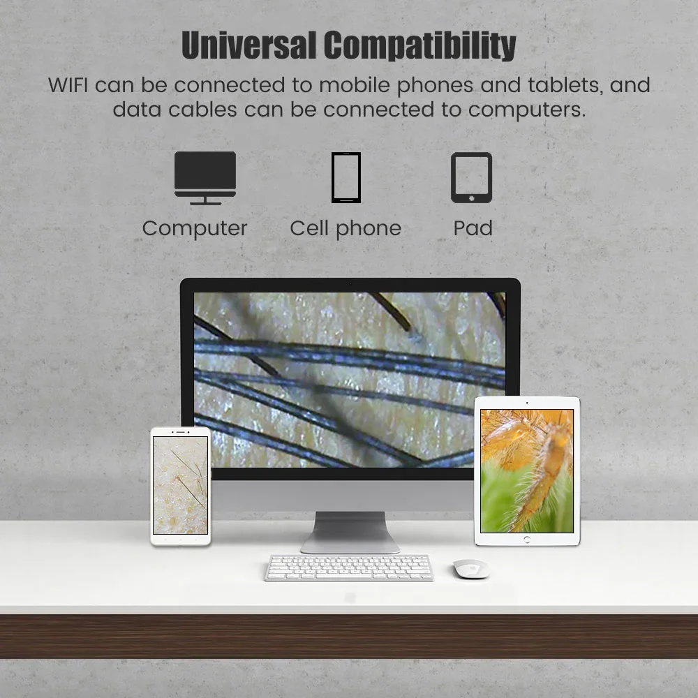 กล้องจุลทรรศน์ดิจิตอล WiFi ไร้สาย Electron Dermatoscope การตรวจจับหนังศีรษะรูขุมขนแว่นขยายเครื่องวิเคราะห์ผิวหน้า Professional