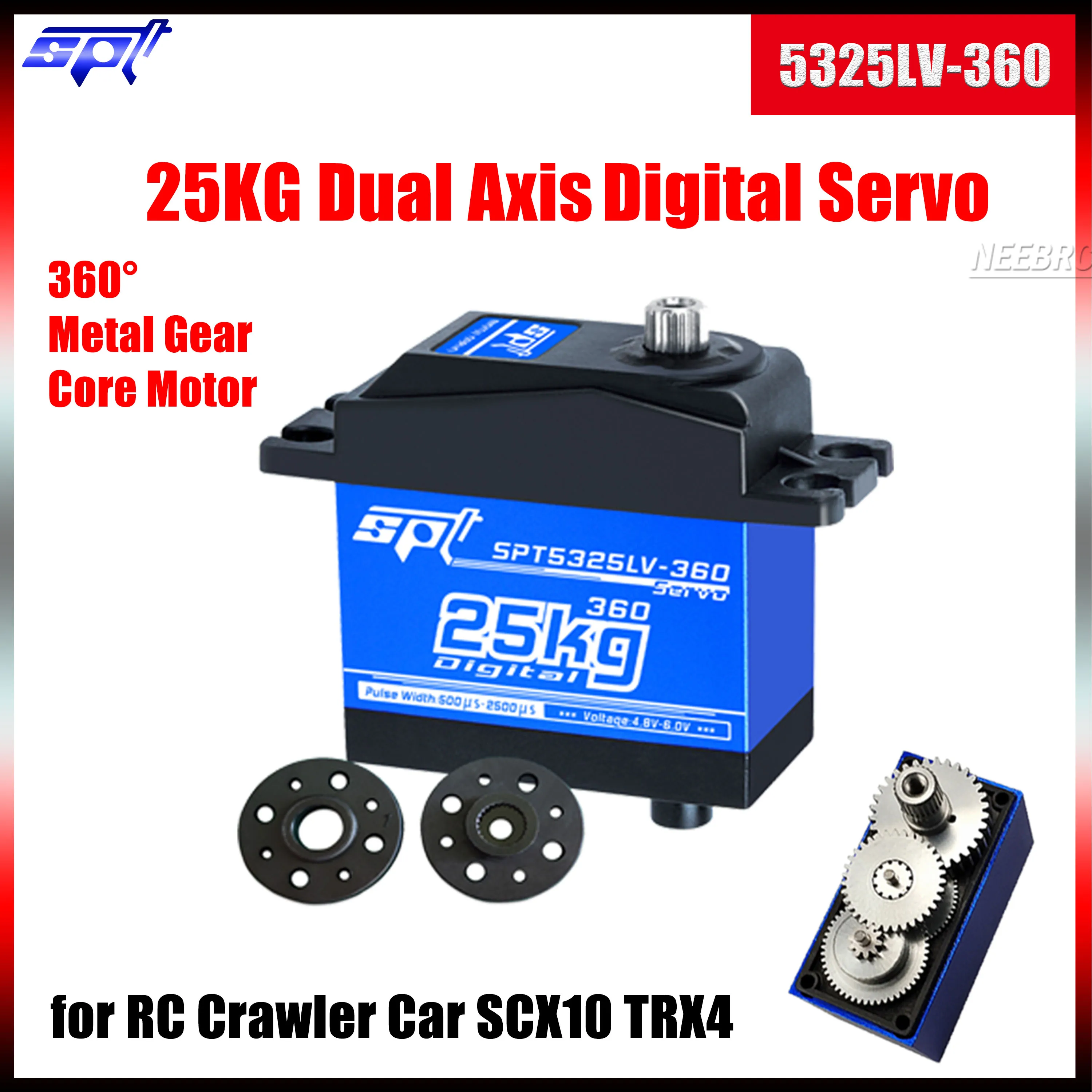 

Двухосный металлический мотор-редуктор SPT 5325LV-360 25 кг, 360 градусов ° Цифровой высокоскоростной сервопривод для радиоуправляемых машин, краулеров, грузовиков SCX10, TRX4, роботов-манипуляторов