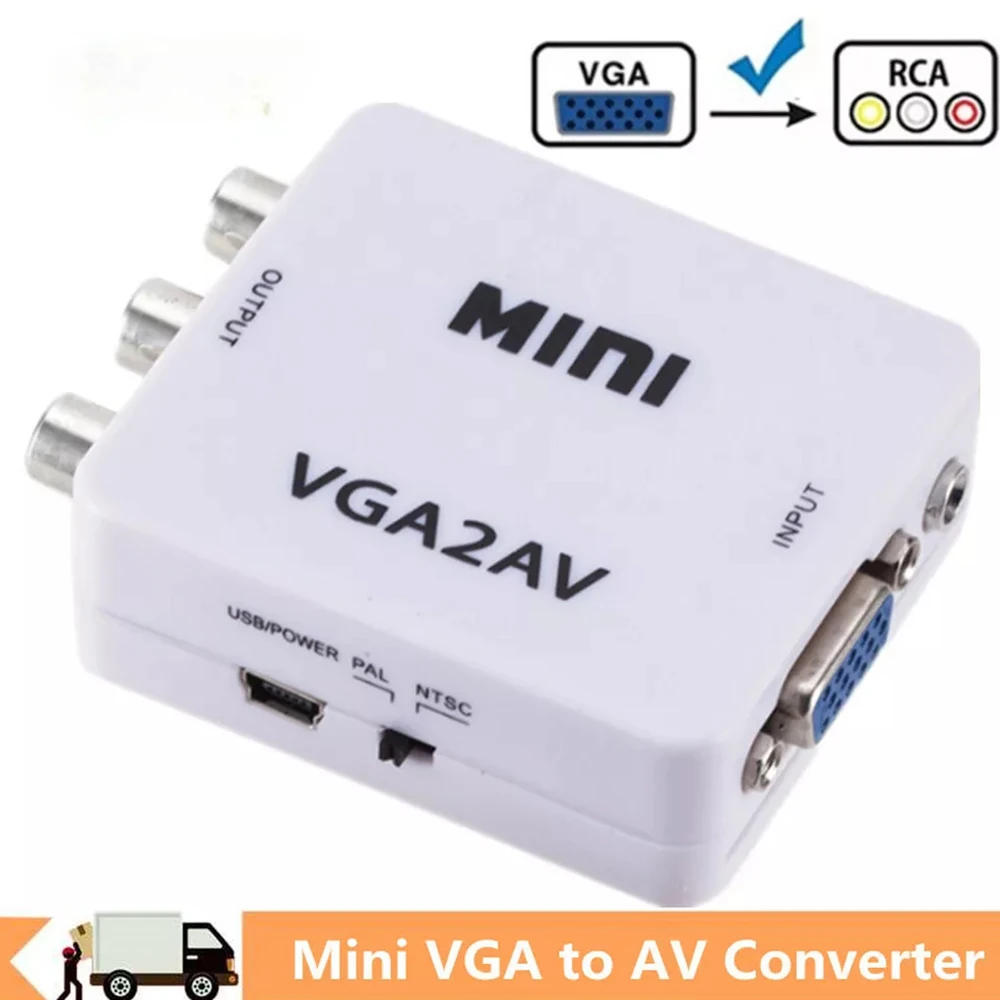 1080P VGA2AV Video Convertor Mini HD VGA to AV Converter with 3.5mm Audio Cable VGA to RCA Video Converter Plug and play