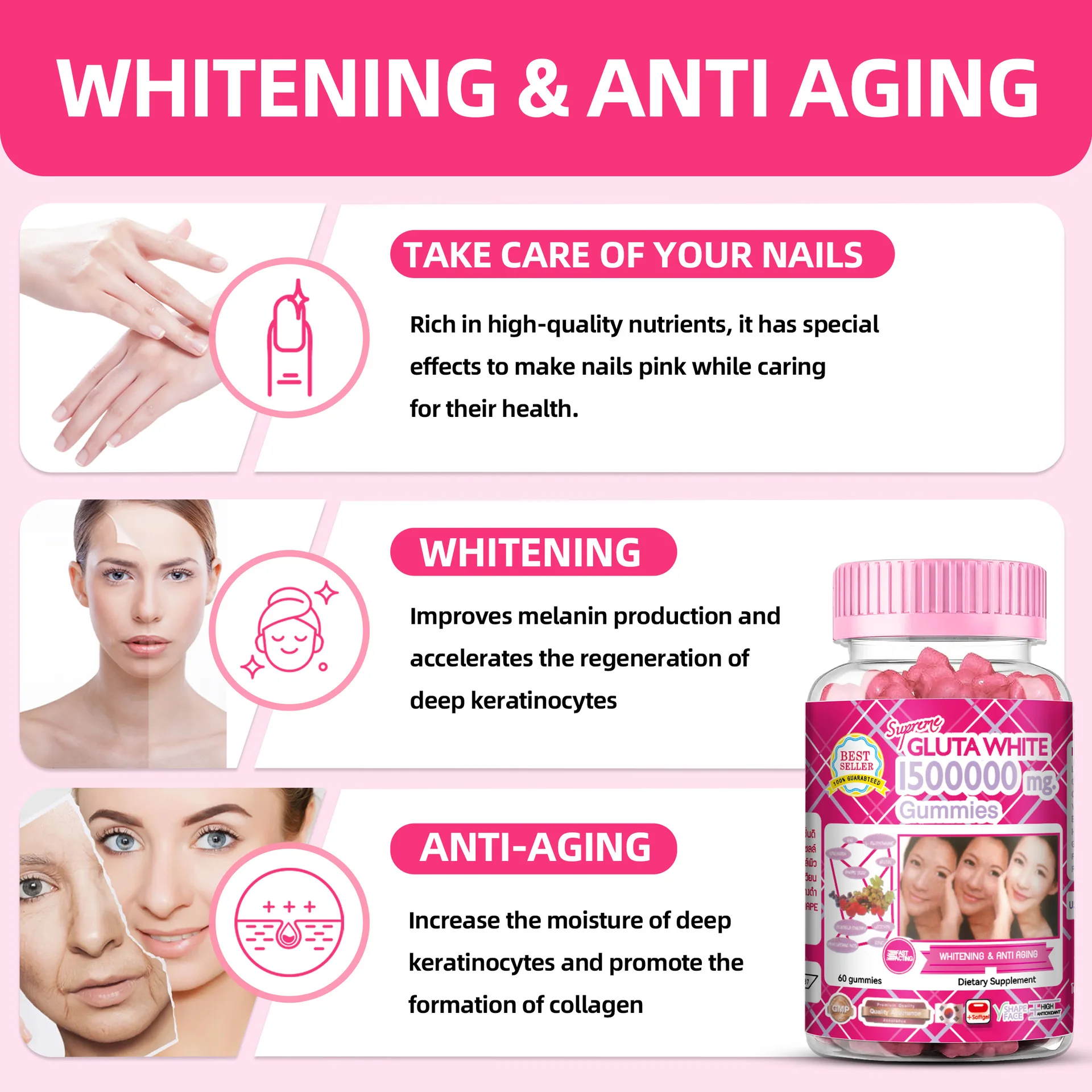 

Collagen Glutathione Gummies Supplement: Anti Aging Formula and Bone Strengthening and Whitening