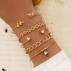 Set di braccialetti a catena a maglie geometriche alla moda per donna strass colore oro foglie ciondolo a cuore bracciale aperto bracciale gioielli per ragazze