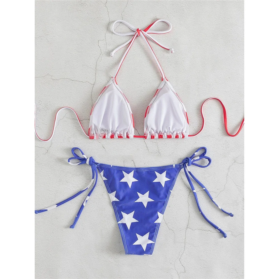 Flagge bedruckter, gestreifter Neckholder-Bikini mit hohem Beinausschnitt, Damen-Badeanzug, zweiteiliger Bikini-Set, Badebekleidung, Badeanzug, Schwimmanzug V5621 – Detail 10
