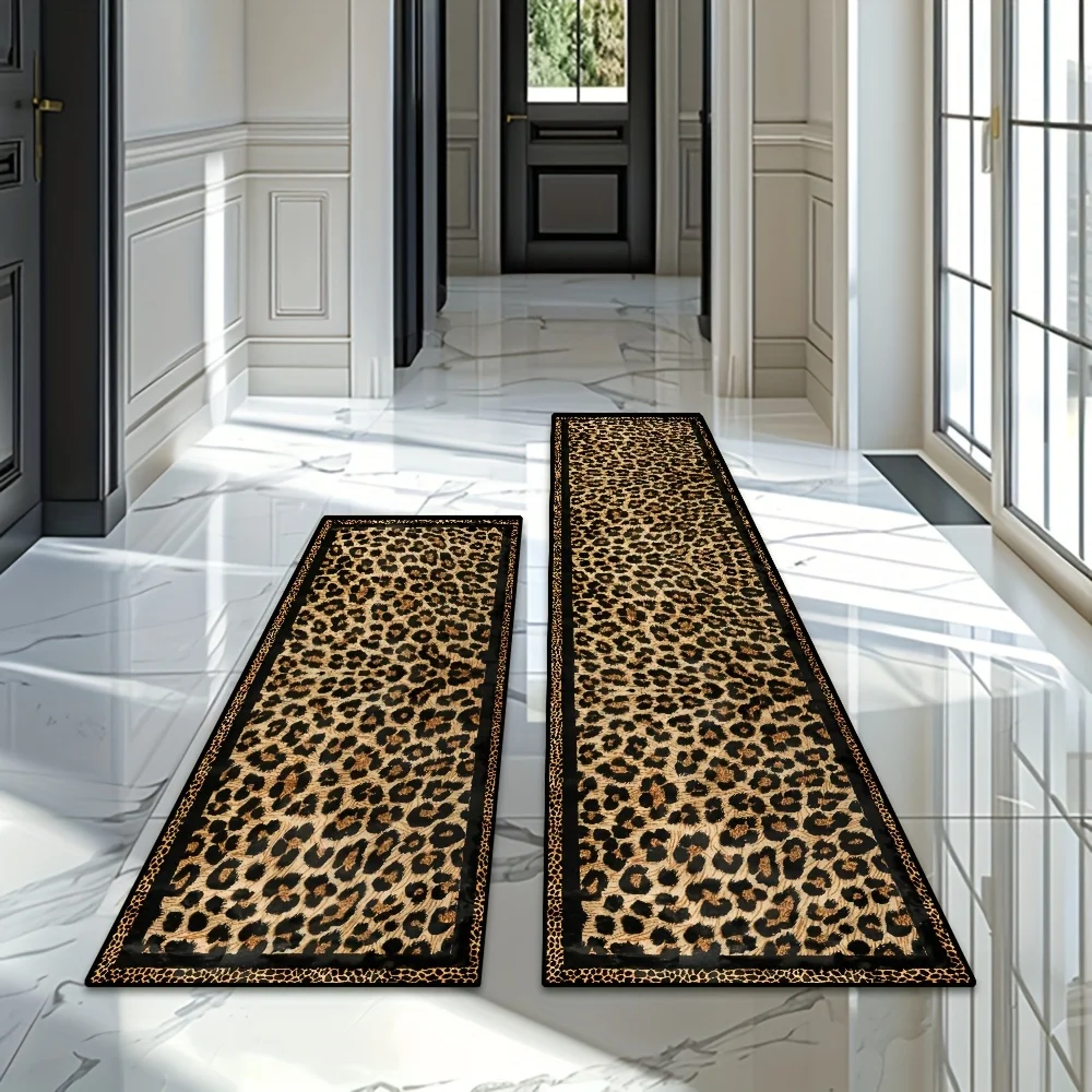 VIKAMA Leopard Print Light Luxury Corridor Runner Rug, Non-Slip Washable Long Mat for Entryway Living Room Home Decor