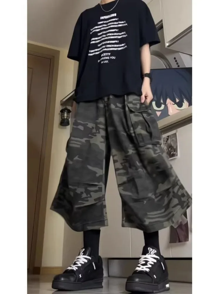 Japanese Retro Camouflage Workwear Shorts Men's Straight Wide Leg Pleated Cropped Cargo Pants Harajuku Functional Multi Pockets