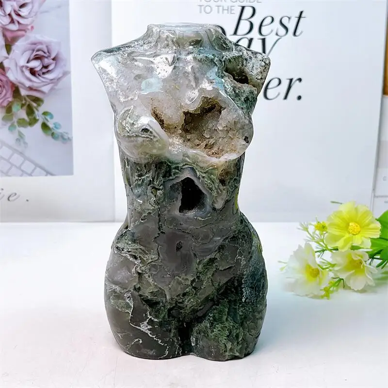 17CM Natural Moss Agate Lady Body Statue Handmade Female Body Carved Crafts Figurine Healing Crystal Ornament Room Decor