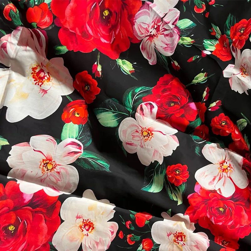 

Red Peony Flower Printed Imitate Silk Satin Or Poplin Cotton Fabric For Women's Dress Blouse DIY Cloth Sewing Material