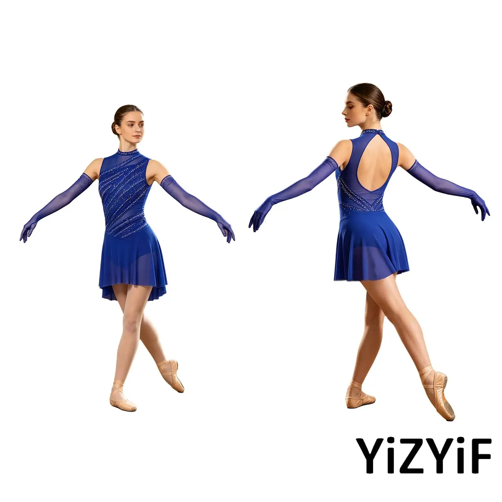 

Womens Salsa Latin Dance Competition Clothing Elegant Crew Neck Sleeveless Rhinestone Dress with Long Gloves Lyrical Dancewear