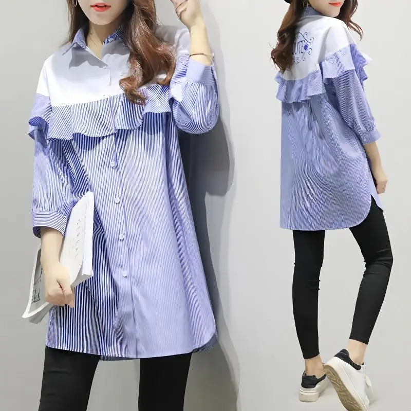 Korean Striped Midi Shirt Printed Stylish Ruffles Spliced Spring Summer Casual 3/4 Sleeve Female Clothing Single-breasted Blouse