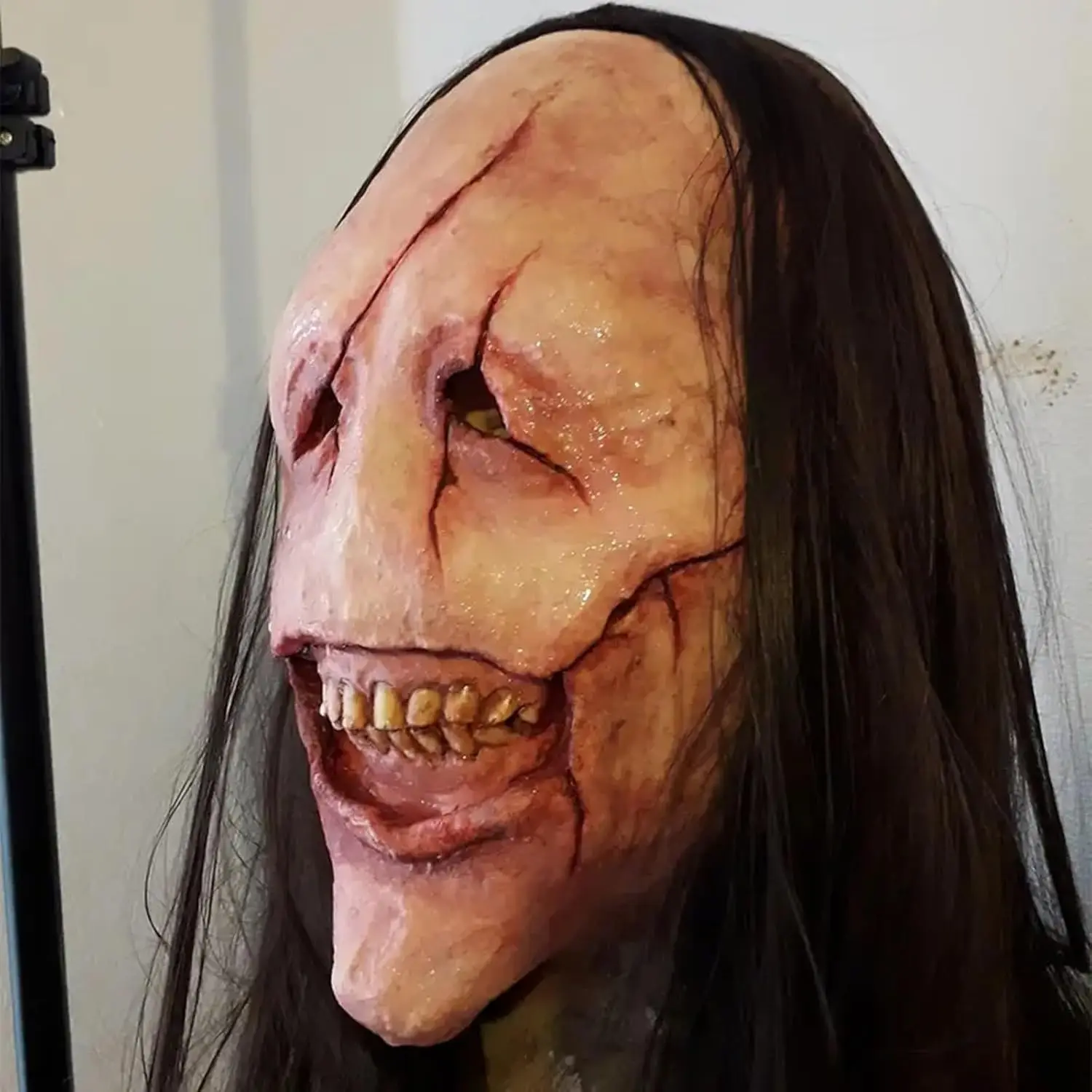 Scary Halloween Mask,Scary Costumes, Creepy Grin Smiling Red Scar Face Demon Latex Mask with Black Long Hair