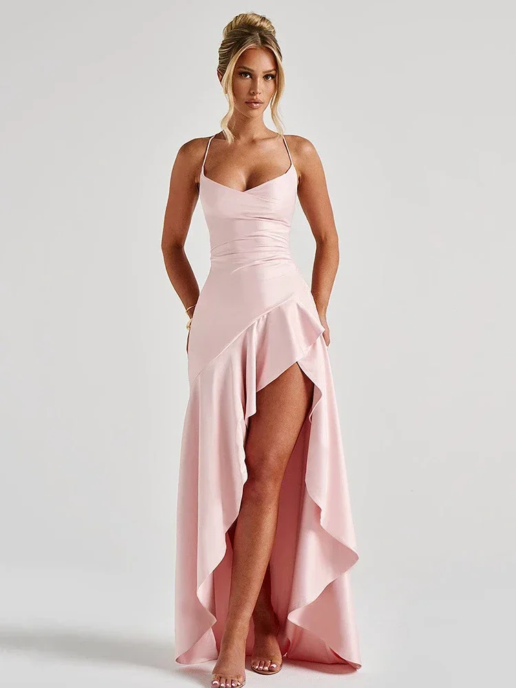 สปาเก็ตตี้หรูหราซาตินแยก Maxi ชุดผู้หญิงเซ็กซี่ Backless Bodycon Party ชุดราตรีฤดูร้อน Holiday Beachwear