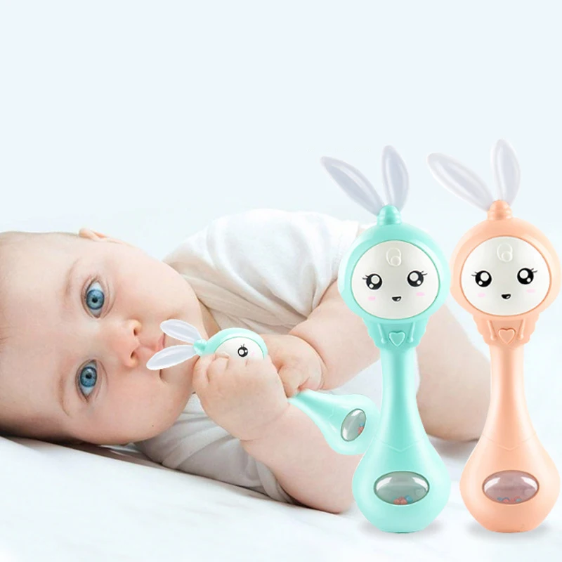 아기 음악 깜박이 딸랑이 장난감 토끼 Teether 핸드 벨 모바일 유아 중지 우는 눈물 딸랑이 신생아 조기 교육 장난감 18M
