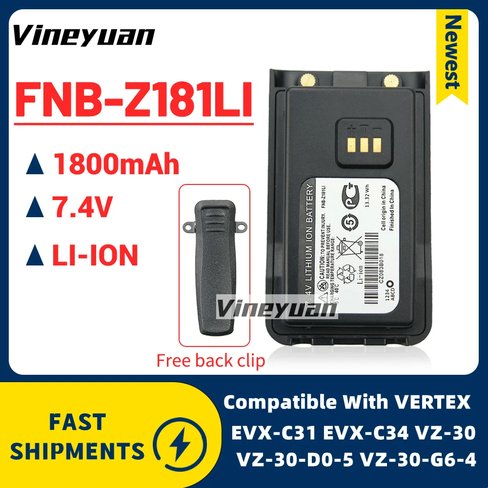 

1800mAh FNB-Z181LI Replacement Li-ion Battery for Vertex EVX-C31 EVX-C34 VZ-30 VZ-30-D0-5 Two Way Radios Battery with Belt Clip