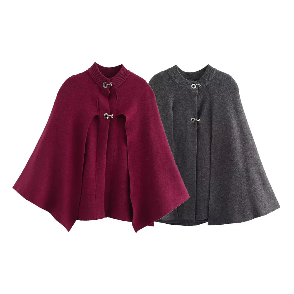 

BMURHMZA Women's Loose Solid Color Cloak Design Round Neck Long Sleeve Knitted Coat Winter New Buckle Decoration Coat